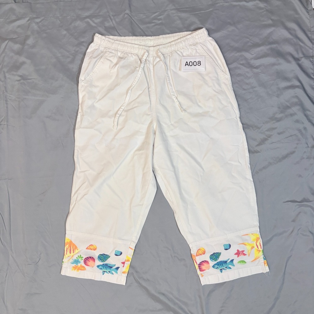 Erika Pants White Capri Crop Pants Womens Small Fish Shell Tropical Drawstring